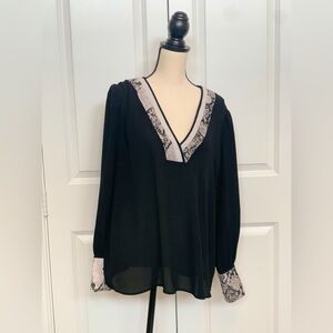 Express V-Neck Sheer Long Sleeve Blouse Black Snake Print